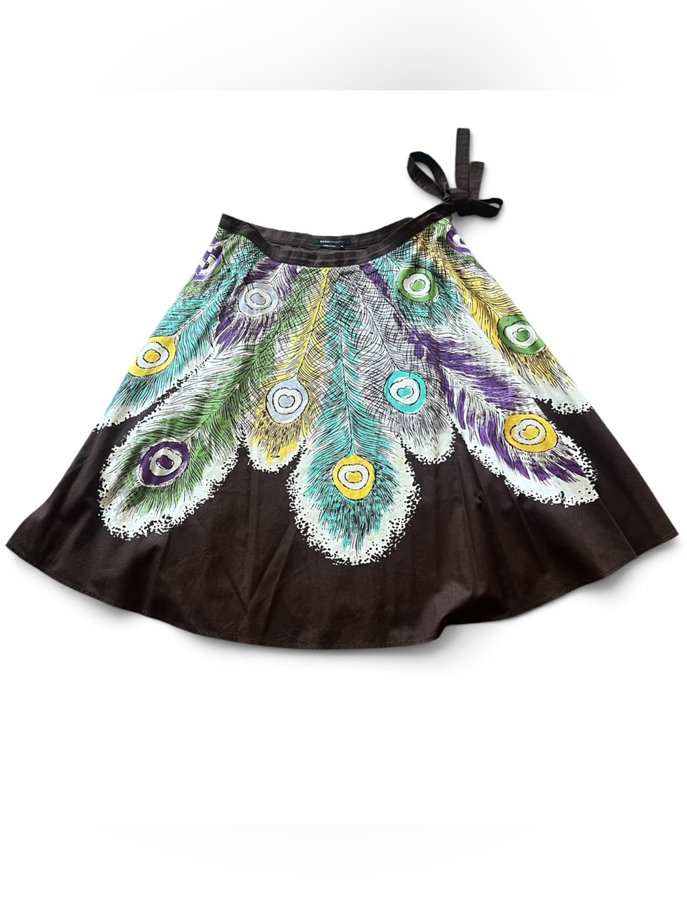 BCBG Max Azria Brown Circle Skirt with Multicolor Peacock Feather Print Sz Med